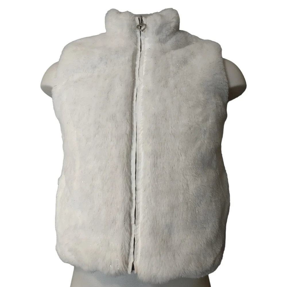 The Childrens Place Girls Vest Size XL 14 White\Faux Fur Reversible Vest Pockets